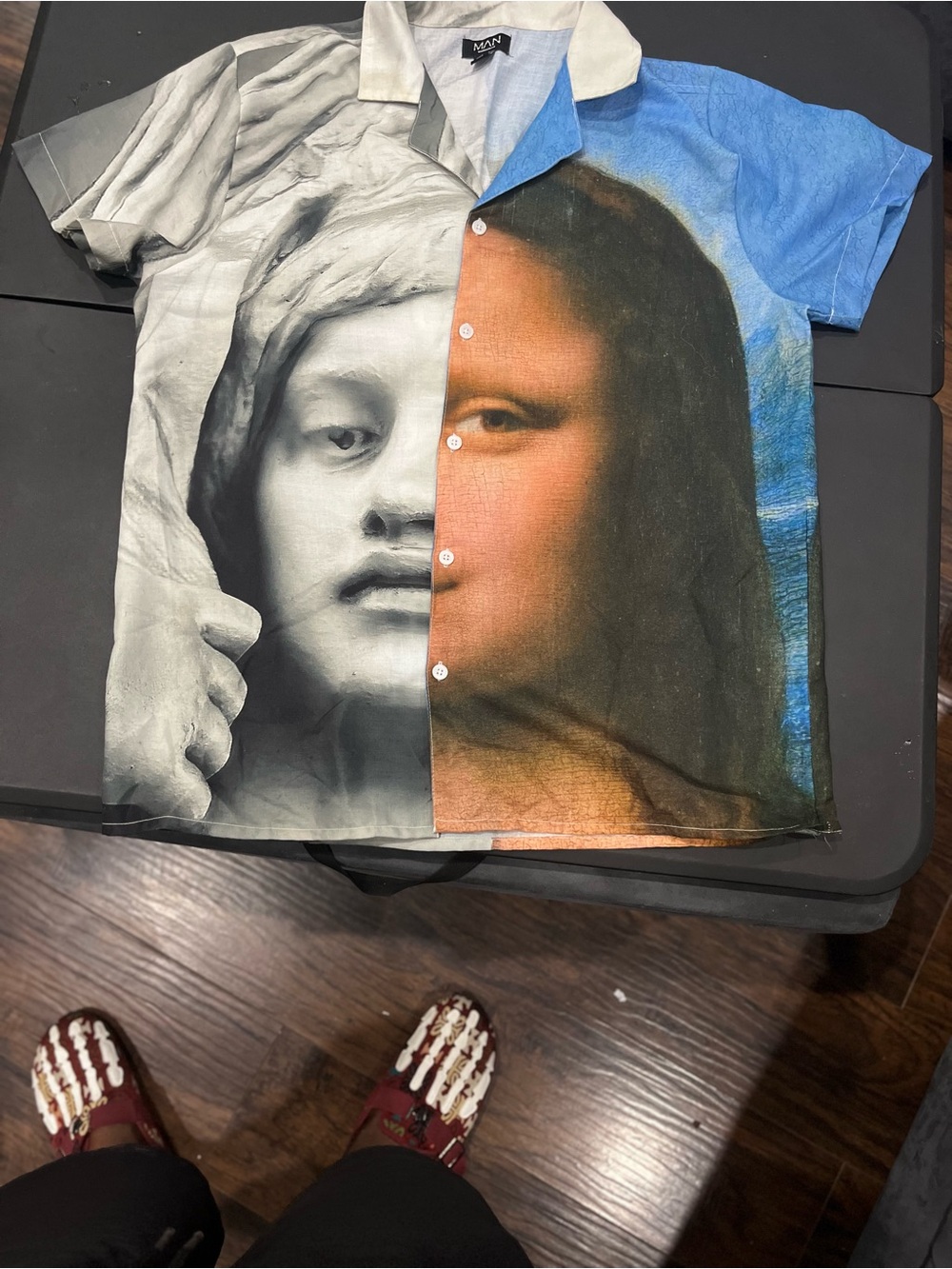 Art Portrait Split-Print Short Sleeve Button-Down Shirt - Blue/Black/Brown